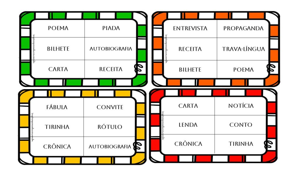 Bingo dos gêneros textuais