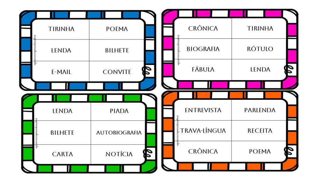 Bingo dos gêneros textuais