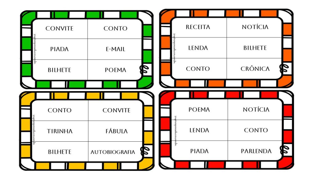 Bingo dos gêneros textuais